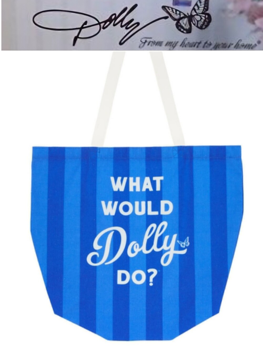 Dolly Parton Stripe 'What Would Dolly Do?' Tote Bag- Blue